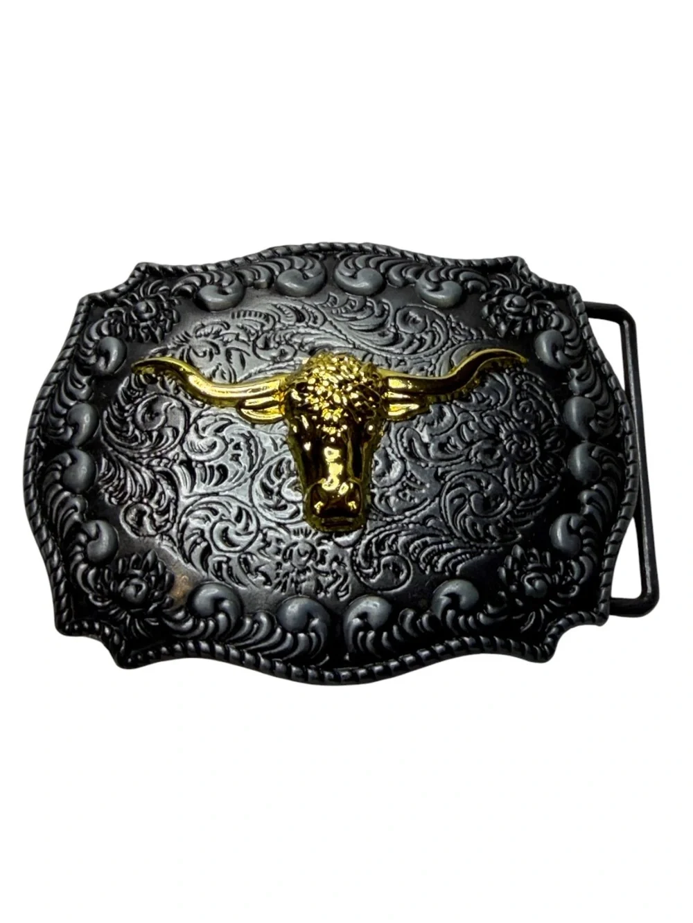 Western Men's Black Belt Buckle with Gold Longhorn Accent - Picture 1 of 7